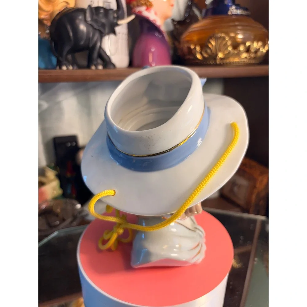 Vintage Ceramic Lady Head Vase Blue Hat Gold Trim Mid Century Style Figurine
